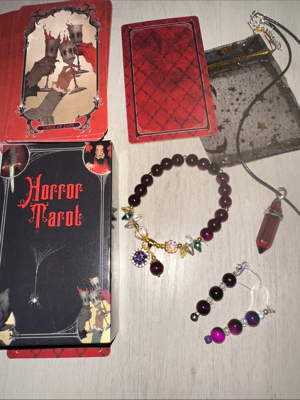 Horror Tarot Deck with Crystal Point Necklace Earrings and Bracelet Gift Set